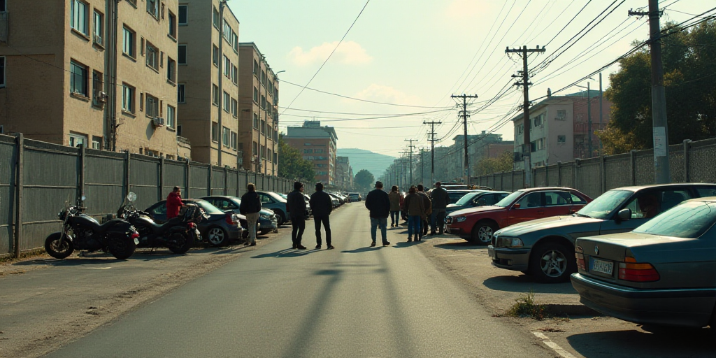 a group of people standing around a parking lot next to parked cars and motorcycles on a city street
