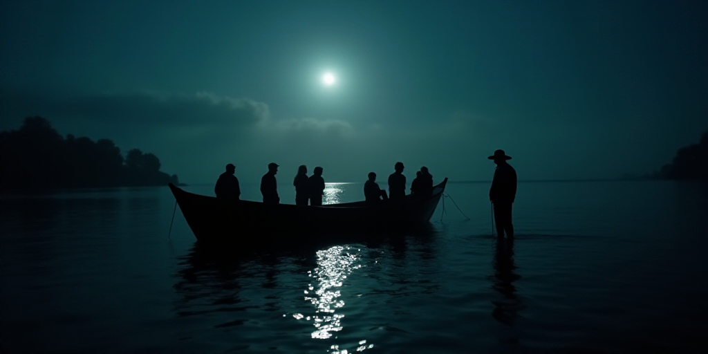 a group of people standing around a boat in the water at night time, and a man in a hat is standing