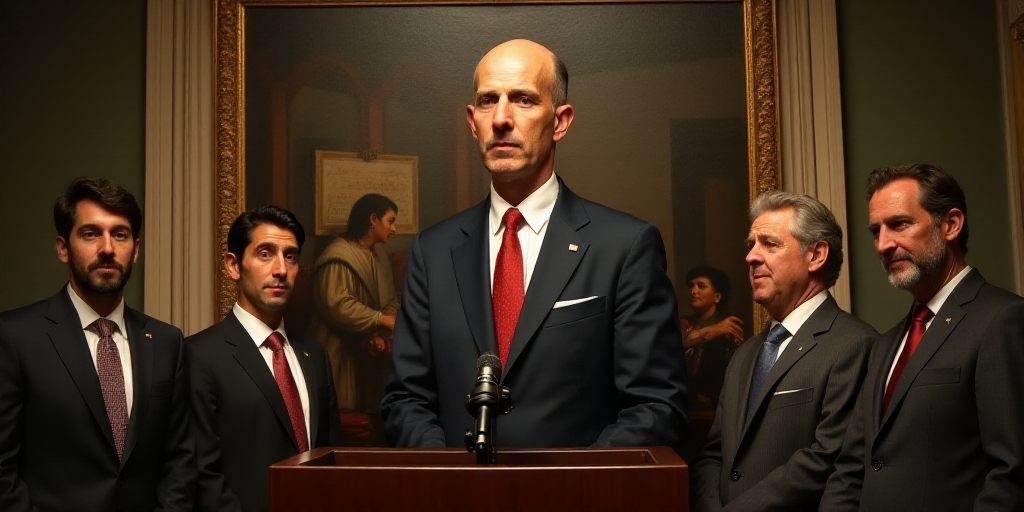 a group of people standing behind a podium in front of a painting of a man in a suit and tie, Eric D
