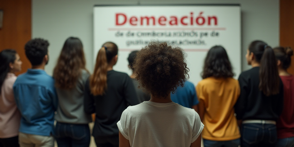 a group of people standing in front of a table with a sign on it that says,'emeacion de desembolacan