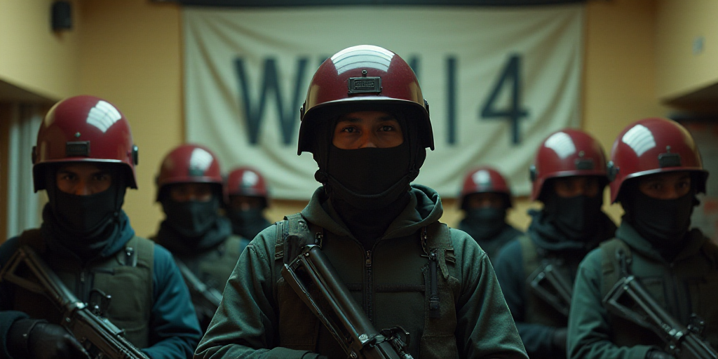 a group of people standing in a room with guns and helmets on their heads and a banner in the backgr