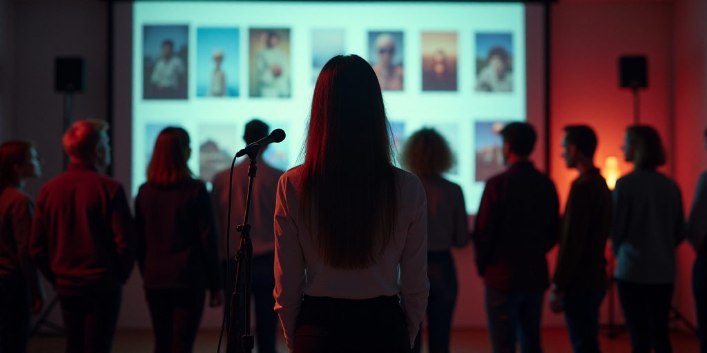 a group of people standing in front of a screen with pictures on it and a microphone in front of the