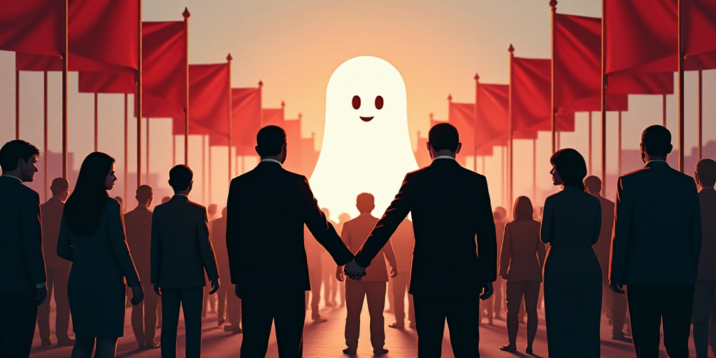 a group of people standing in front of a banner holding hands together with flags behind them and a