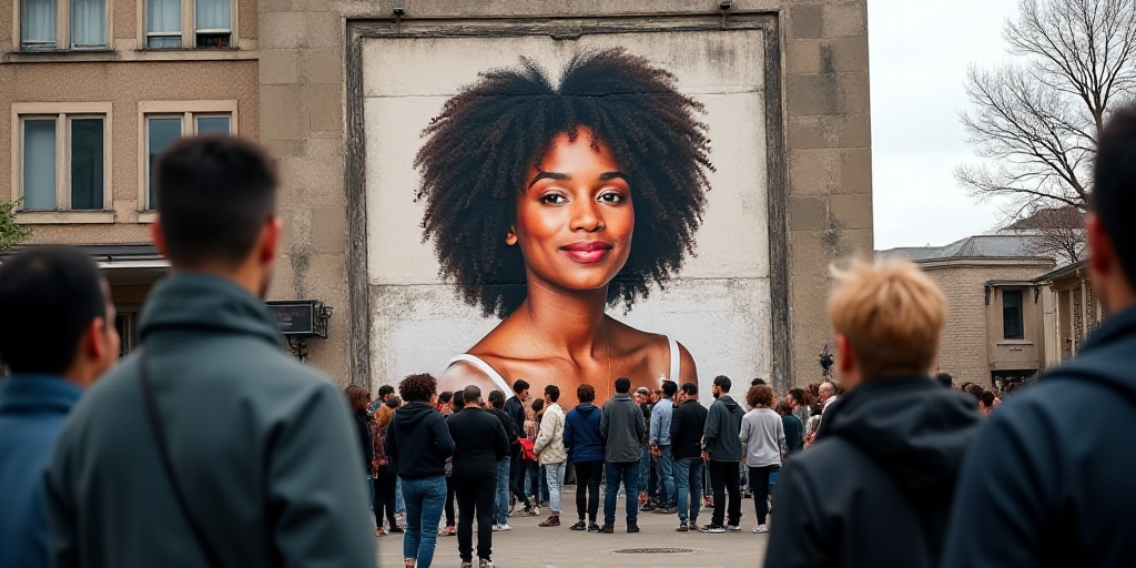 a group of people standing in front of a building with a picture of a woman on it's wall, Ella Guru,