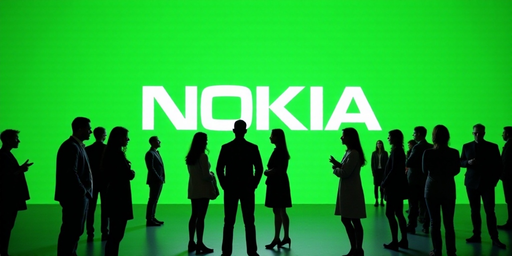a group of people standing in front of a nokia sign at an event with a green background and white no