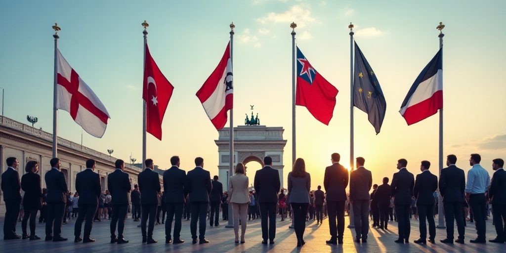 a group of people standing in front of flags in front of a building with a sky background and a buil