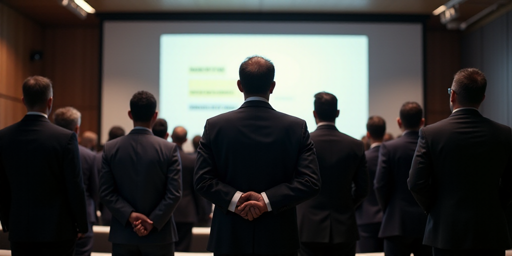 a group of people standing in front of a screen at a conference or conference hall with a man in a s