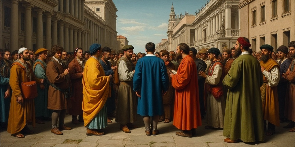 a group of people standing in a line on a street with a crowd of people behind them and a man in a b