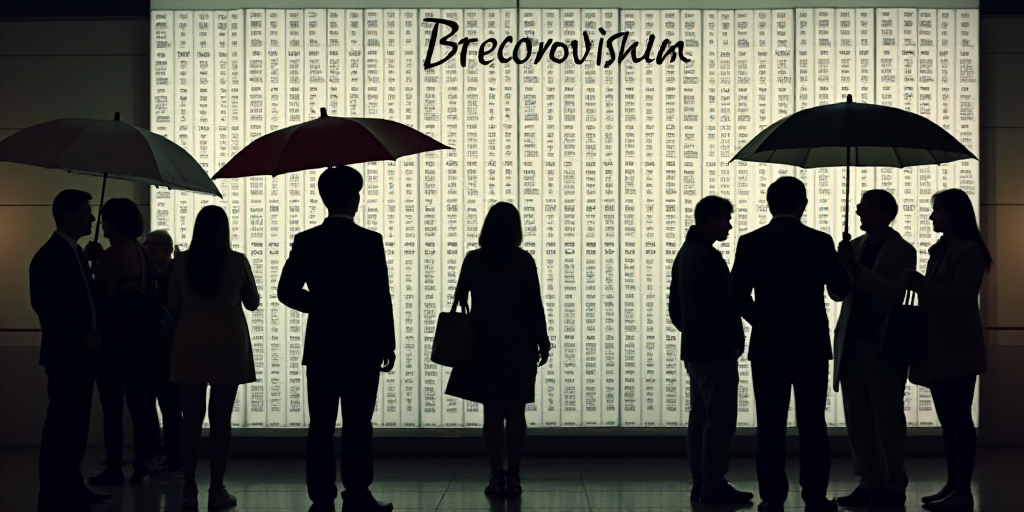 a group of people standing in front of a sign with numbers on it and umbrellas in the foreground, An