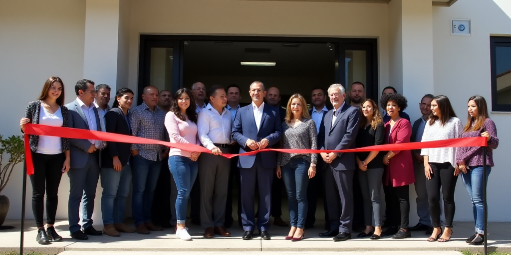 a group of people standing in front of a building with a ribbon cutting ceremony in front of them wi