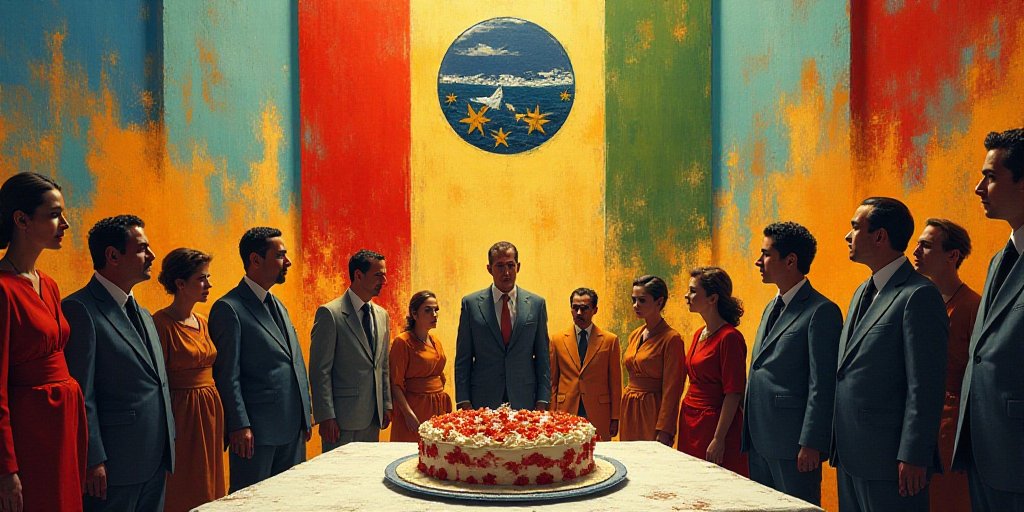 a group of people standing in front of a flag and a table with a cake on it and a flag hanging from