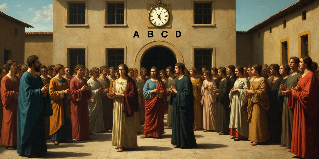 a group of people standing in front of a building with a sign above them that says abcd and a clock