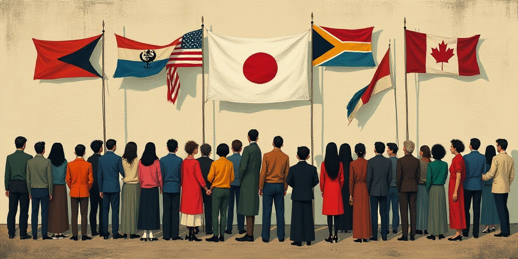 a group of people standing in front of a wall with flags on it and a banner behind them that says wo