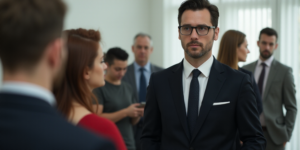 a group of people standing next to each other in a room with a white wall and ceiling and a man in a