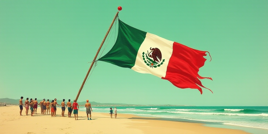 a group of people standing next to a large mexican flag kite on a beach in the ocean with people sta