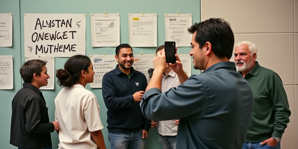 a group of people standing next to a wall with signs on it and a person holding a cell phone, Dave A