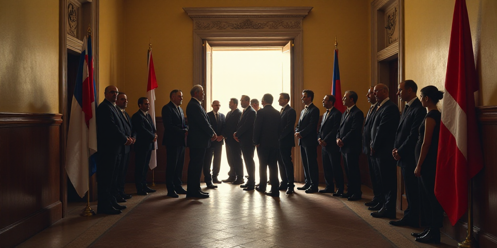 a group of people standing next to each other in a hallway with flags on the walls and a doorway, Ca