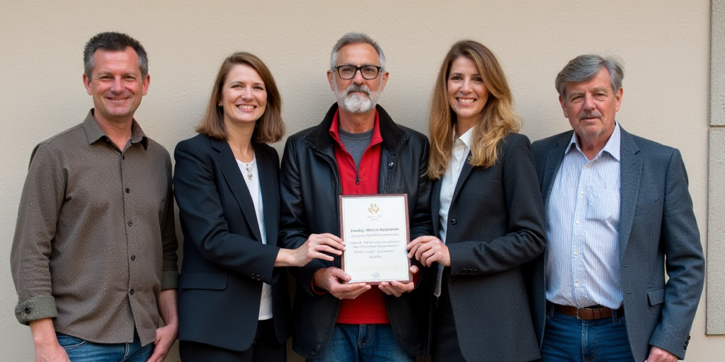 a group of people standing next to each other holding a plaque and a plaque in front of a wall, Anna