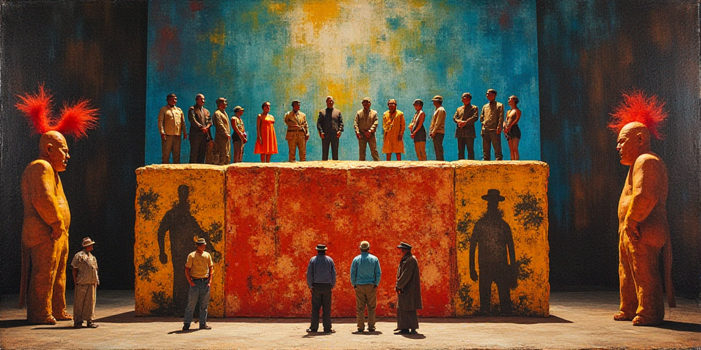a group of people standing on top of a stage with costumes on it's sides and a stage set up behind t