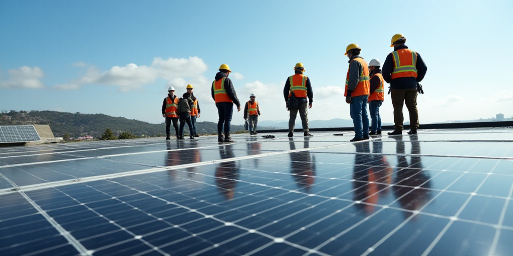 a group of people standing on top of a roof covered in solar panels and wearing hard hats and safety