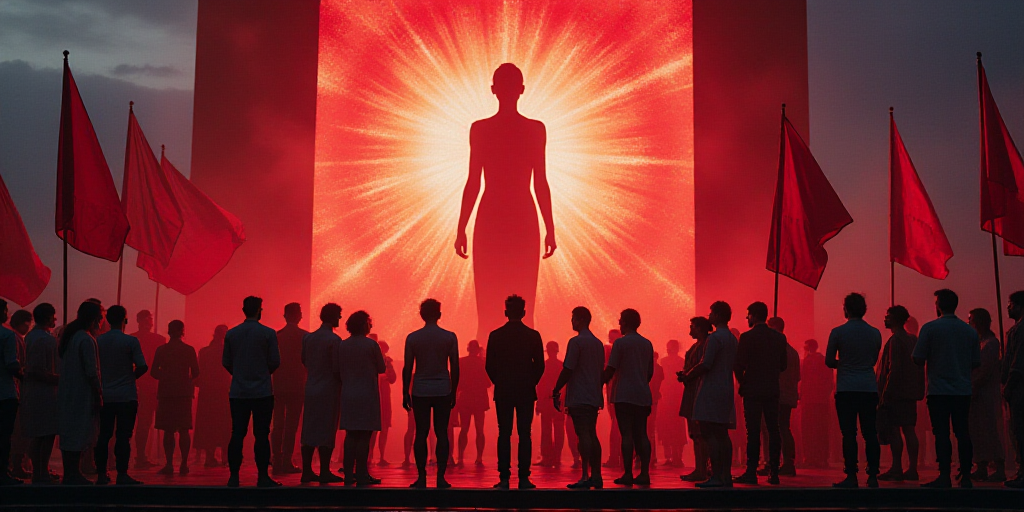 a group of people standing on a stage with flags behind them and a woman of impact banner behind the