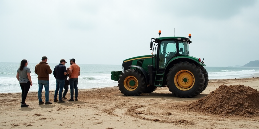 a group of people standing on top of a beach next to a tractor and a pile of dirt on the beach, Aqui