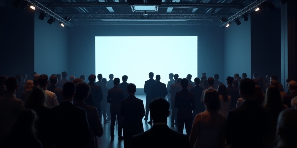 a group of people standing on a stage in front of a screen with a presentation on it and a large scr
