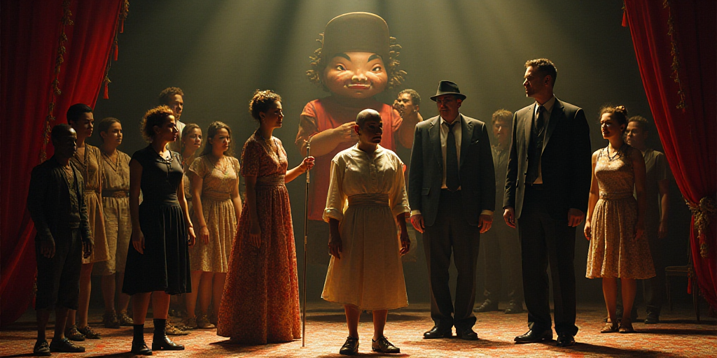 a group of people standing on a stage with a puppet in the background and a man in a suit and tie, A