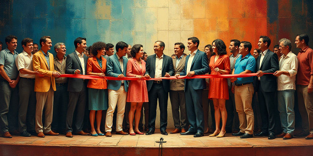 a group of people standing on a stage holding a ribbon in front of them and a microphone in the back