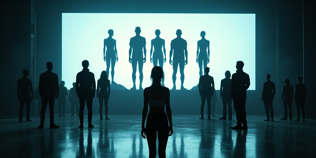 a group of people standing on a stage with a screen behind them that has three people on it and a wo