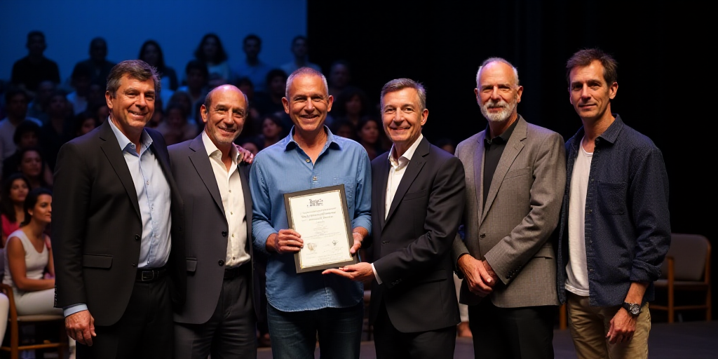a group of people standing on a stage holding a plaque and smiling at the camera with a man in a blu