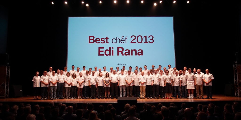 a group of people standing on a stage with a large screen behind them that says the best chef 2013,
