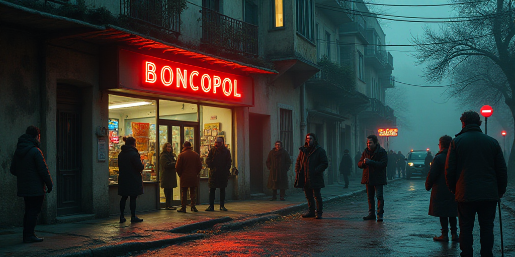a group of people standing outside of a store front with a sign that says boncopol on it, Carpoforo
