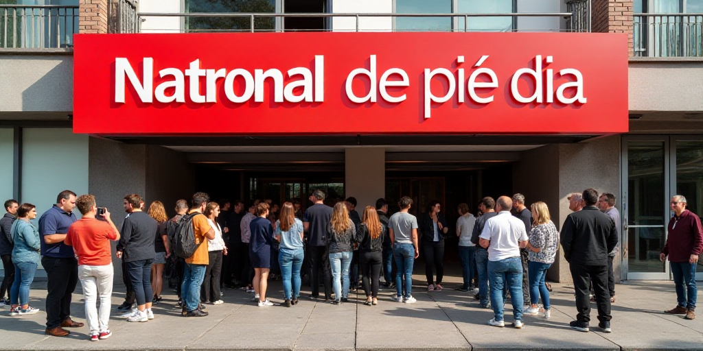 a group of people standing outside of a building with a red sign above it that says national monte d