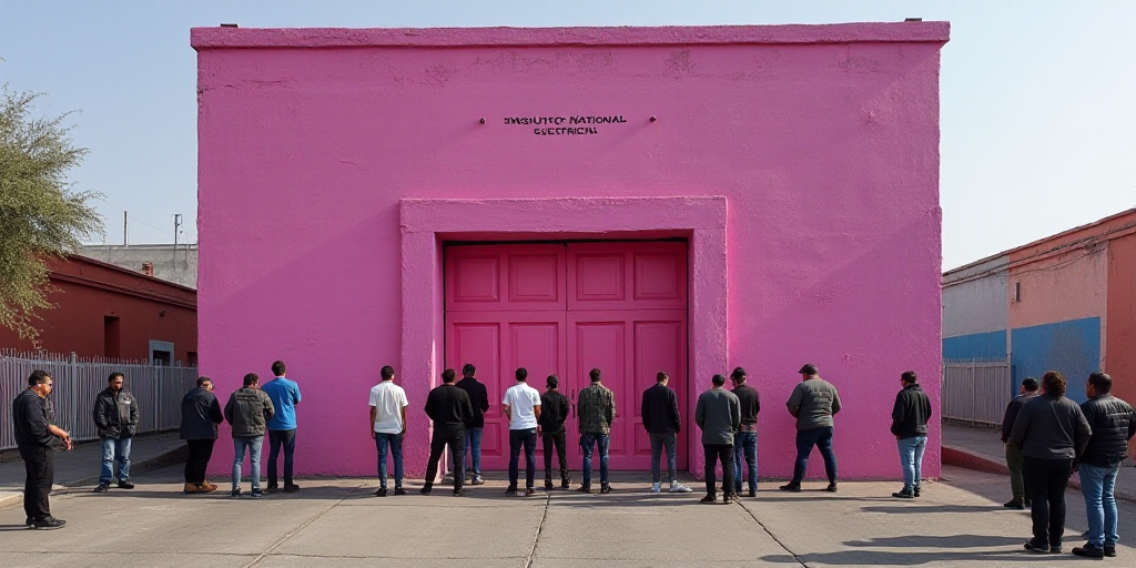 a group of people standing outside of a building with a pink sign on it's front door that says insit