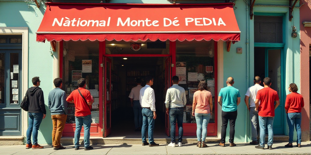 a group of people standing outside of a building with a red sign above it that says national monte d