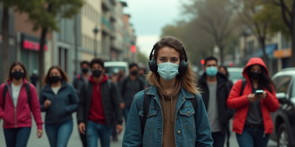 a group of people walking down a street wearing masks on their faces and wearing headphones on their