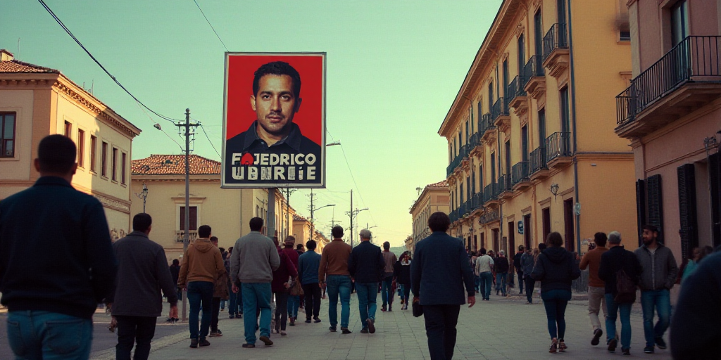 a group of people walking down a street next to a tall sign with a picture of a man on it, Federico