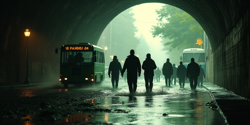 a group of people walking down a flooded street in a tunnel with a bus in the background and a green