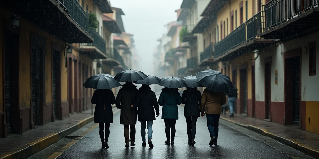 a group of people walking down a street holding umbrellas in the rain, with buildings in the backgro