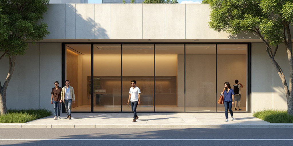 a group of people walking down a sidewalk next to a bank building with a glass door and a sign on th