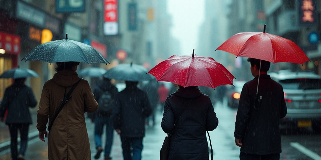a group of people walking down a street holding umbrellas in the rain, with buildings in the backgro