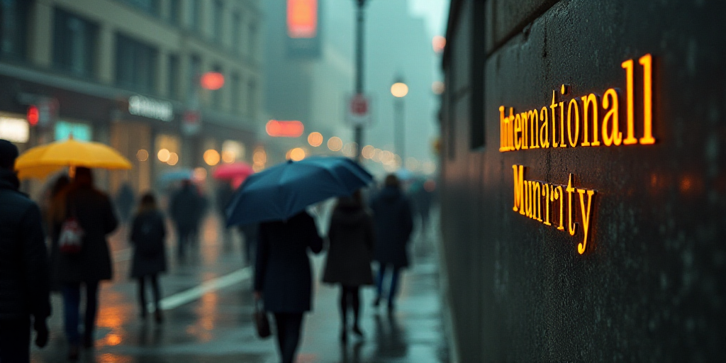 a group of people walking down a sidewalk with umbrellas in hand and a sign on the wall that says in