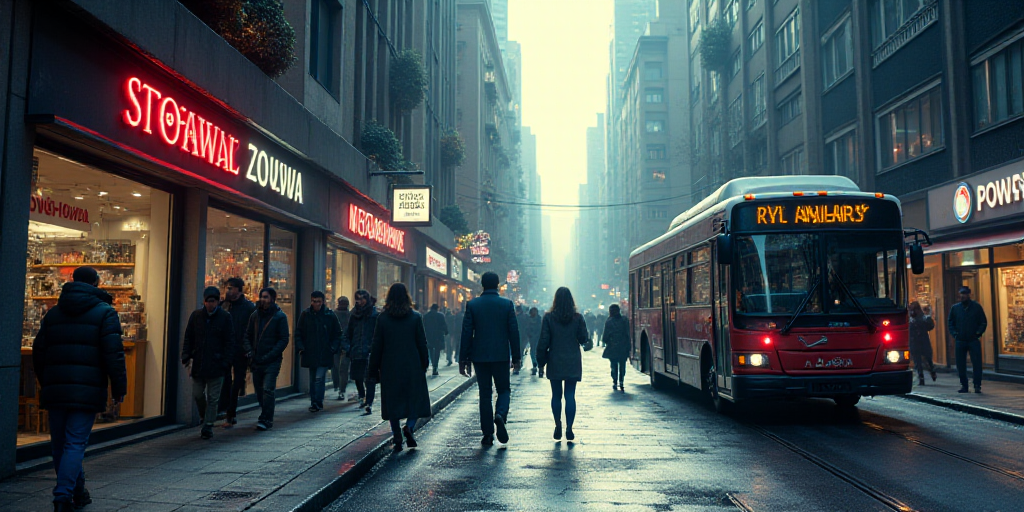 a group of people walking down a street next to a sign that says shop on it and a bus, Cándido Lóp