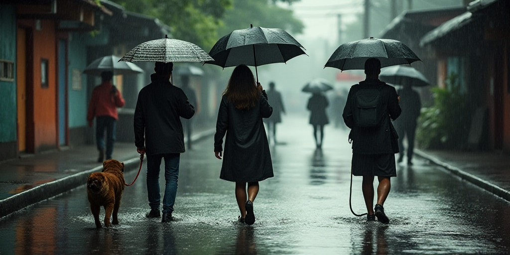 a group of people walking in a flooded street with umbrellas over their heads and a dog on a leash,