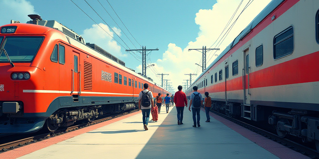 a group of people walking next to a train at a station with a train on the track and a train on the