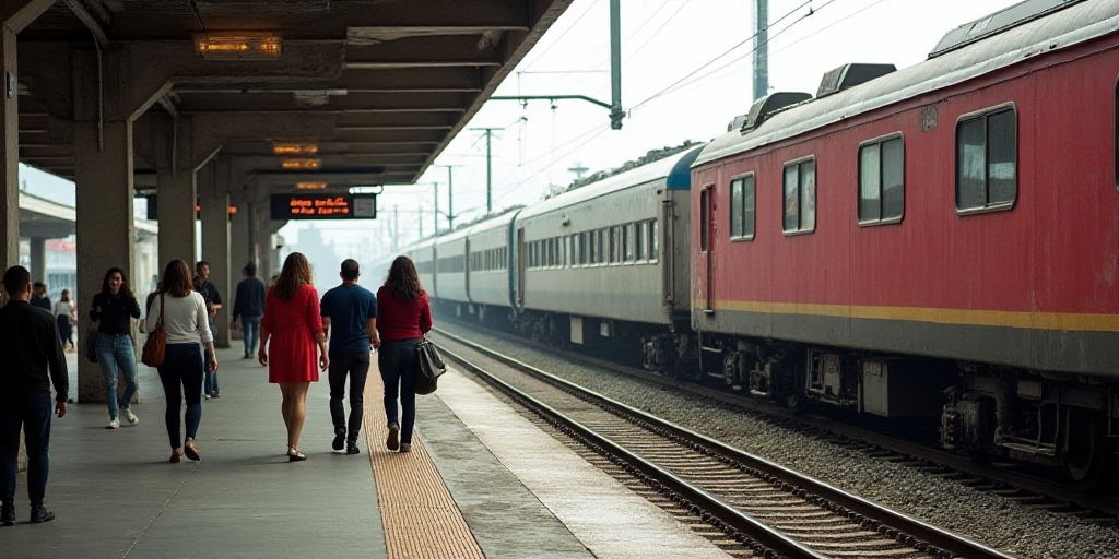 a group of people walking next to a train at a station with a train on the track and a train on the