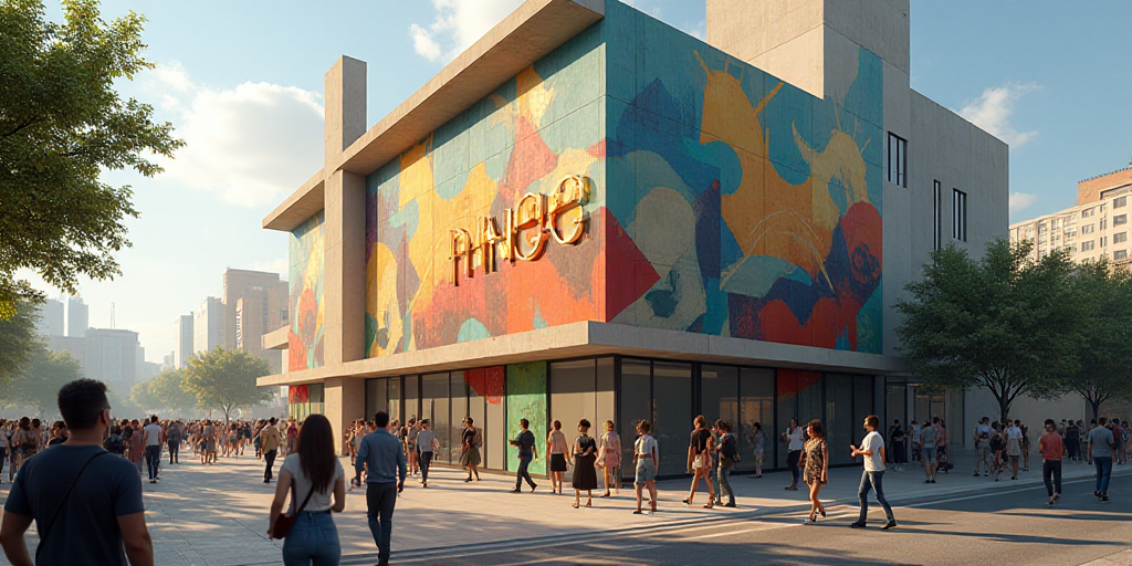 a group of people walking past a tall building with a sign on it's side that says ninggi, Diego Rive