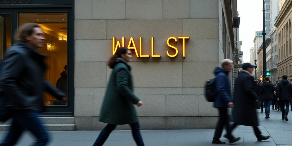 a group of people walking past a wall street sign on a building with a gold lettering on it's side,