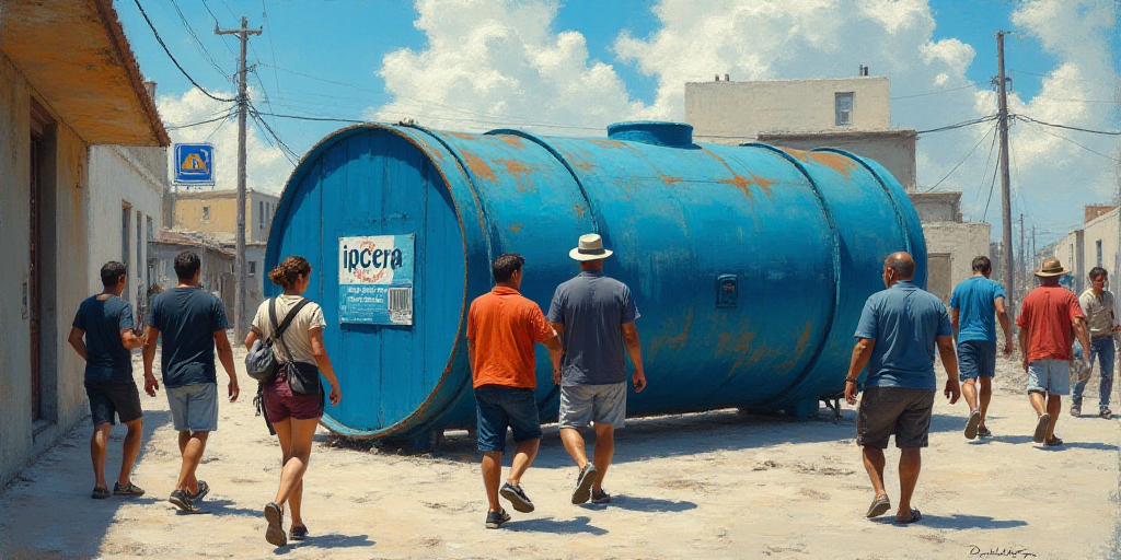 a group of people walking past a blue barrel with a logo on it and a blue and white sign, Dahlov Ipc